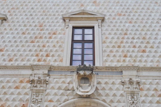 Details of the facade of Palazzo dei Diamanti in Ferrara